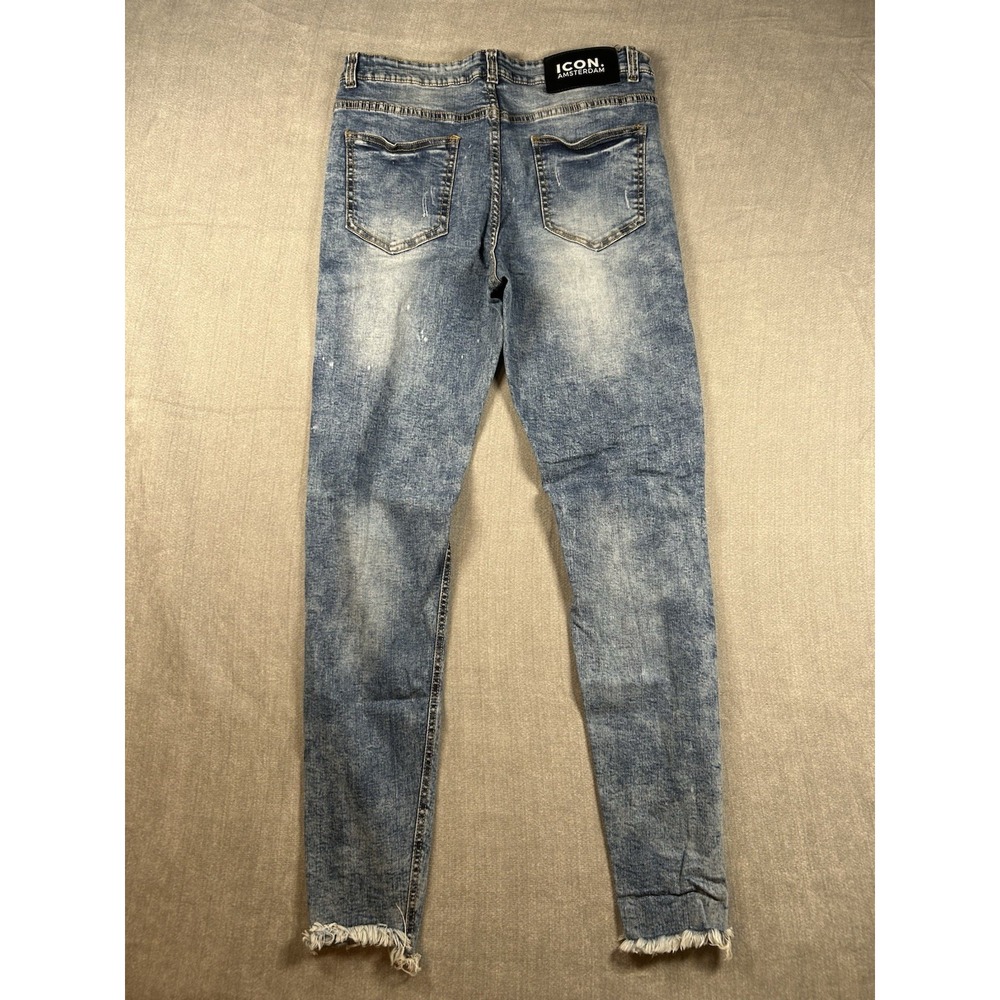 Icon Amsterdam Mens Skinny Distressed Jeans Light Wash Blue Ripped Frayed Sz 32